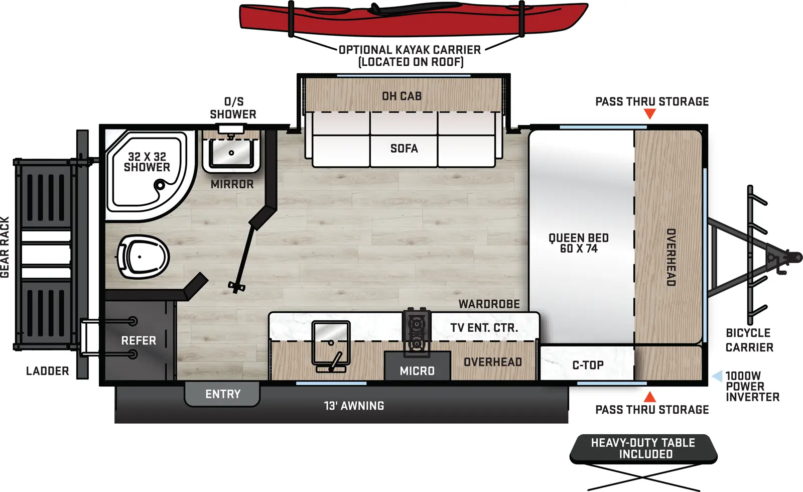 The192FQS has one slide out and one entry door. Exterior features a 13 foot awning, front bicycle carrier, rear fold down rack, heavy-duty table, front pass-thru storage, outside shower, and generator prep. Interior layout front to back: side facing queen bed with overhead cabinet and countertop; door side entertainment center, wardrobe, overhead cabinet, microwave, cook top stove and sink; off-door side slide out with sofa and overhead cabinet; rear off-door side full bathroom; and rear door side refrigerator and entry door. Optional roof top kayak carrier.